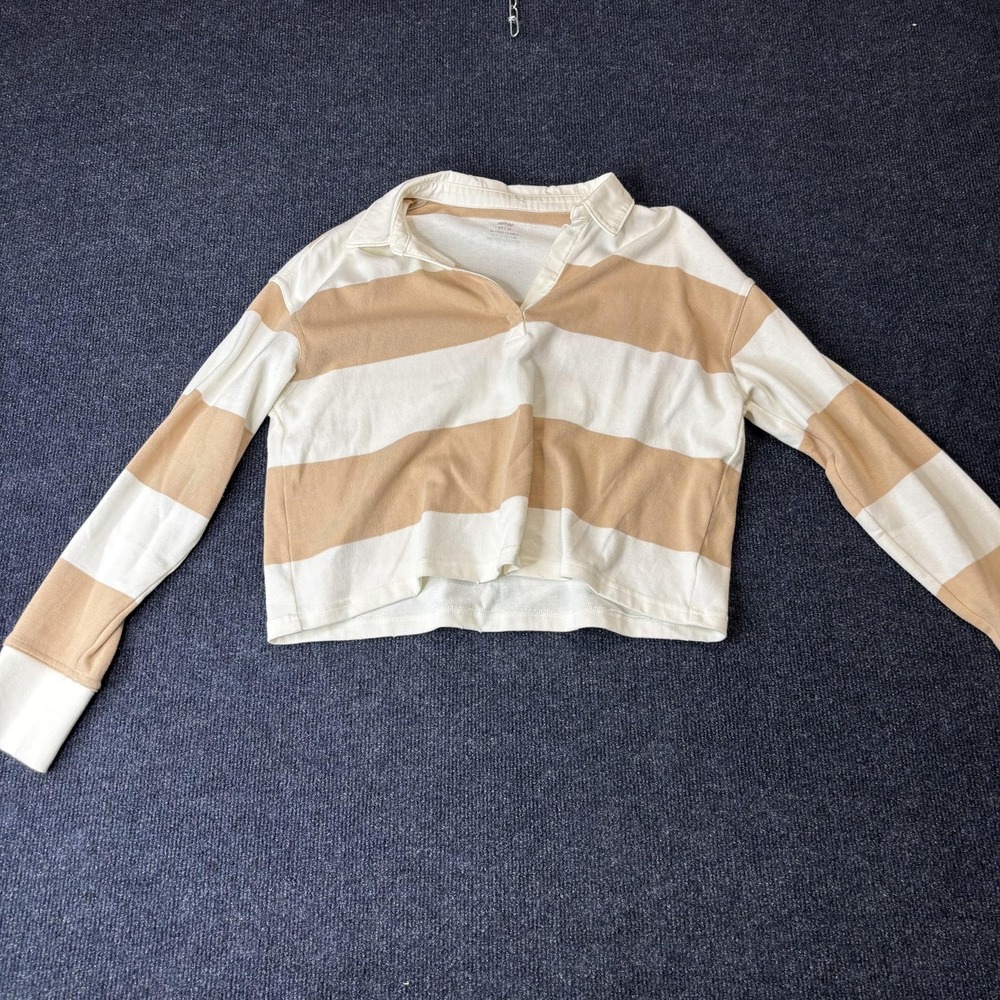 Aerie Beige Striped Polo Shirt Womens XS Cropped Long Sleeve Collared Top